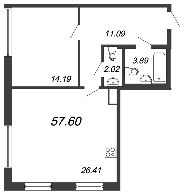 2-комнатная (Евро) квартира, 57.7 м² - планировка, фото №1