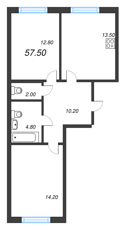2-комнатная квартира, 57.5 м² - планировка, фото №1