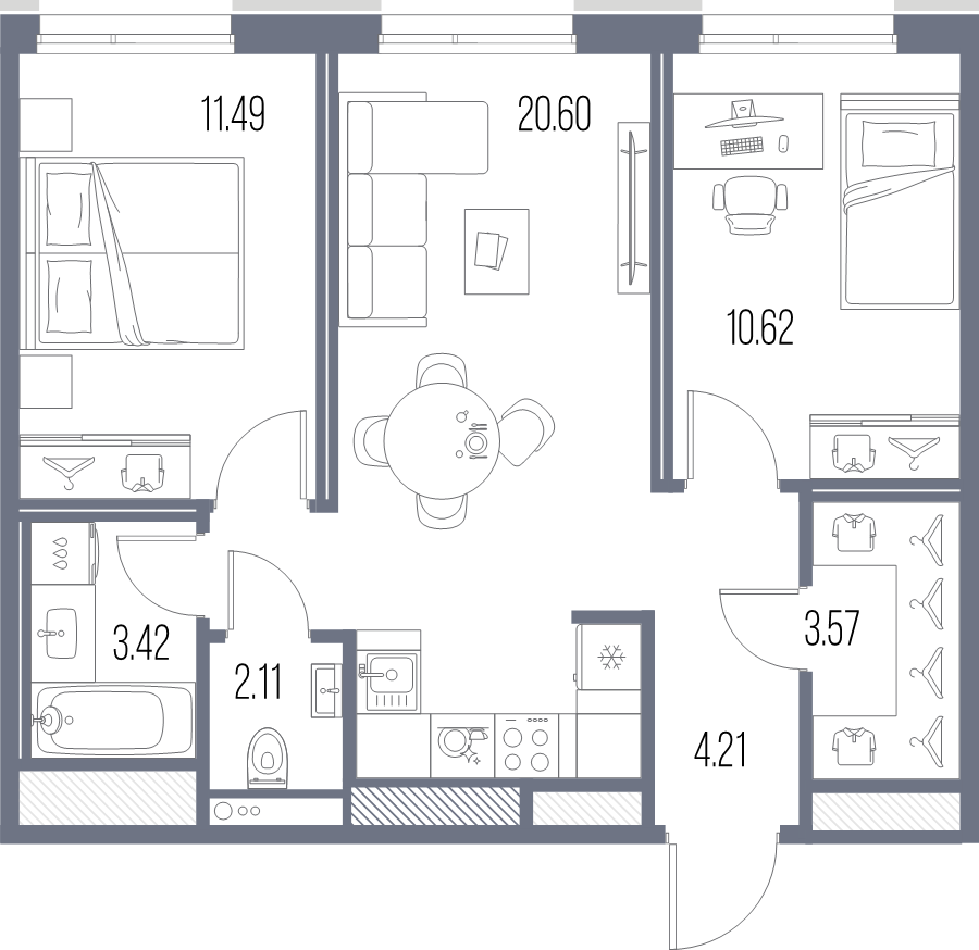 3-комнатная (Евро) квартира, 56.02 м² в ЖК "Legenda Васильевского" - планировка, фото №1
