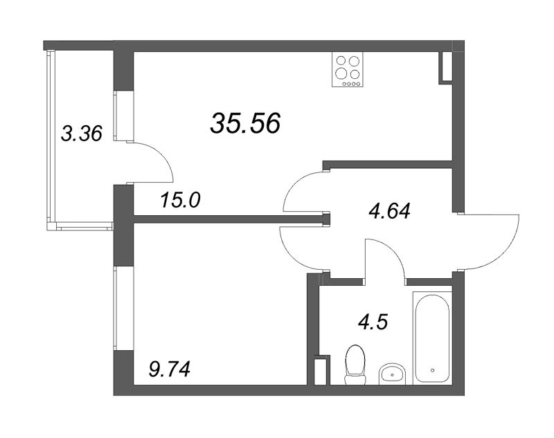 2-комнатная (Евро) квартира, 35.56 м² - планировка, фото №1
