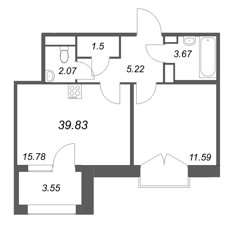 2-комнатная (Евро) квартира, 39.83 м² в ЖК "Дом на Курской" - планировка, фото №1