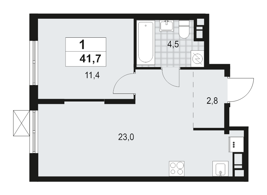2-комнатная (Евро) квартира, 41.7 м² - планировка, фото №1