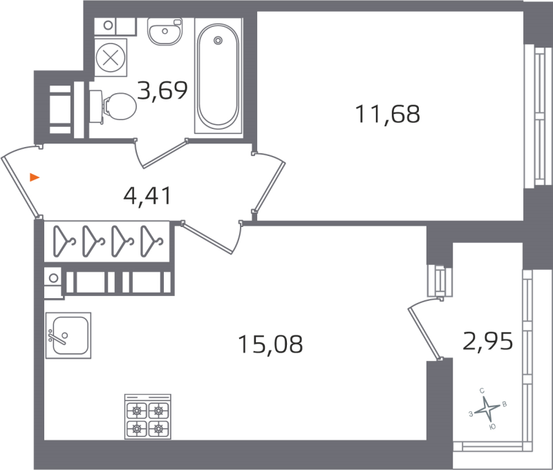 2-комнатная (Евро) квартира, 34.86 м² в ЖК "Б15" - планировка, фото №1