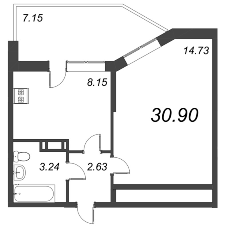 1-комнатная квартира, 30.9 м² в ЖК "Капральский" - планировка, фото №1