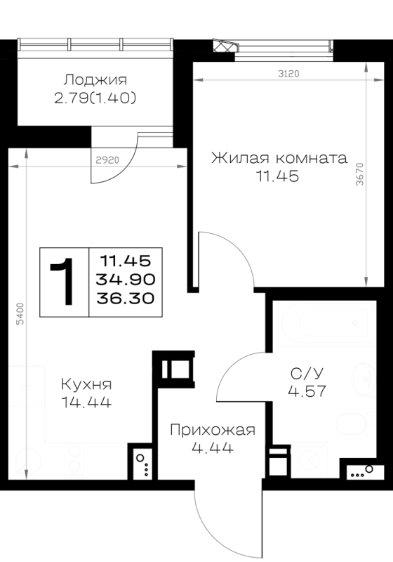 1-комнатная квартира, 36.3 м² в ЖК "Борский" - планировка, фото №1