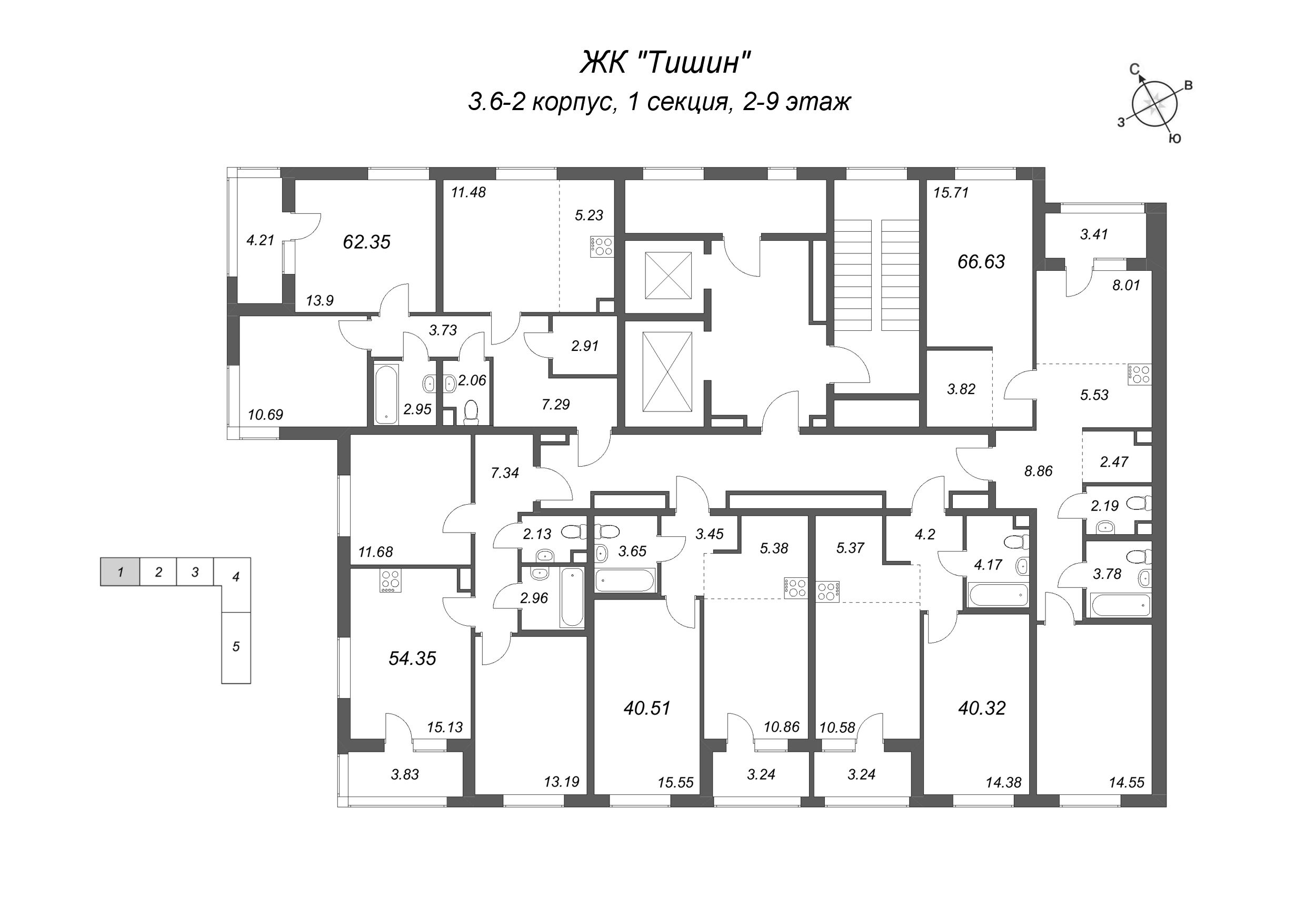2-комнатная (Евро) квартира, 40.32 м² в ЖК "Тишин" - планировка этажа