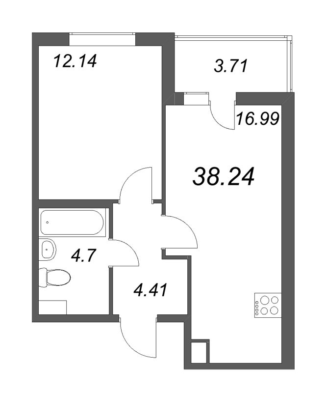 2-комнатная (Евро) квартира, 38.24 м² - планировка, фото №1
