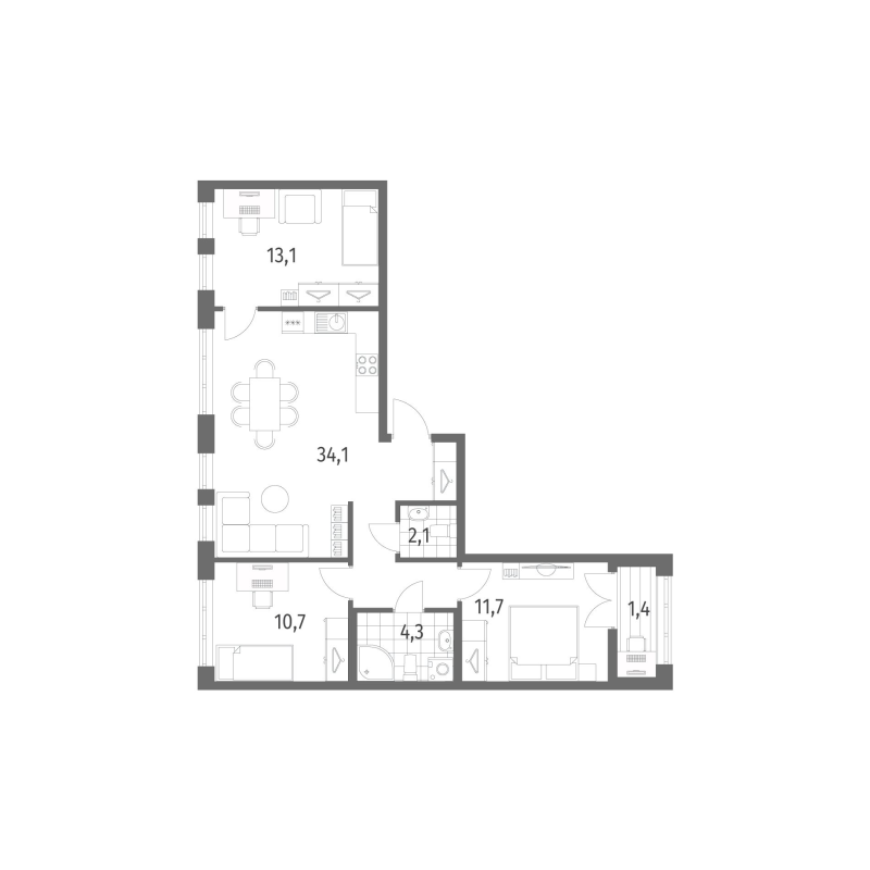 4-комнатная (Евро) квартира, 77.4 м² - планировка, фото №1