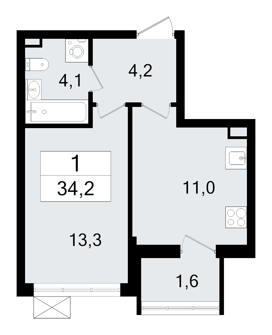 1-комнатная квартира, 34.2 м² - планировка, фото №1