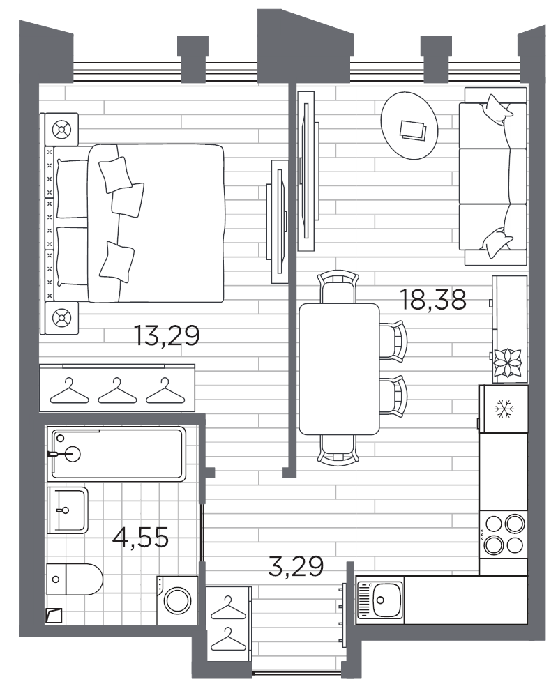2-комнатная (Евро) квартира, 39.51 м² в ЖК "Галерная гавань" - планировка, фото №1