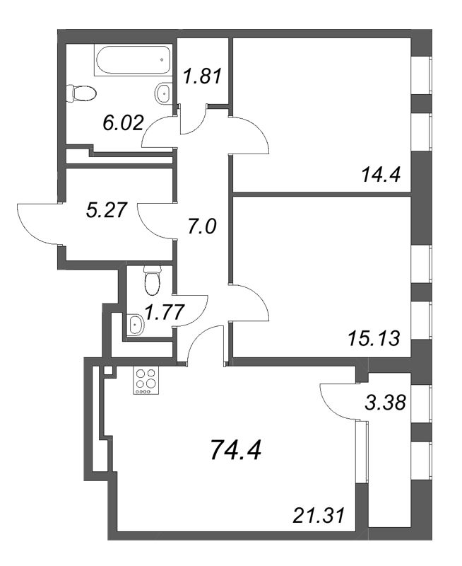 2-комнатная квартира, 74.4 м² - планировка, фото №1