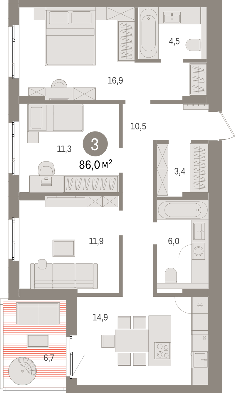 3-комнатная квартира, 86 м² в ЖК "Брусника в Новоселье" - планировка, фото №1