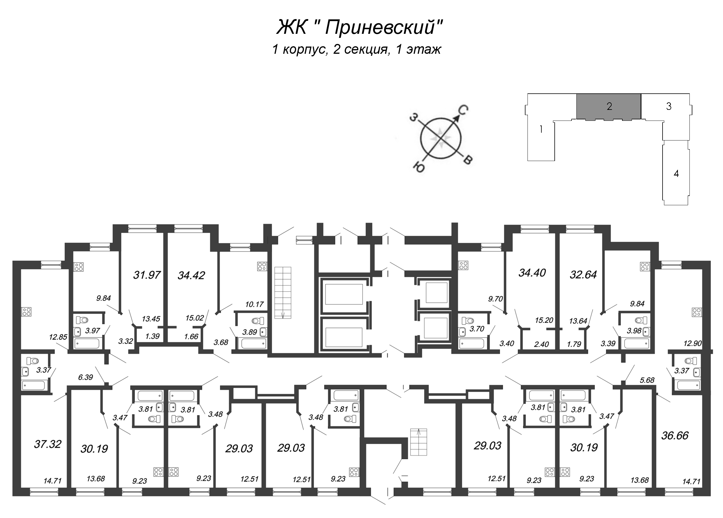 1-комнатная квартира, 31.97 м² - планировка этажа