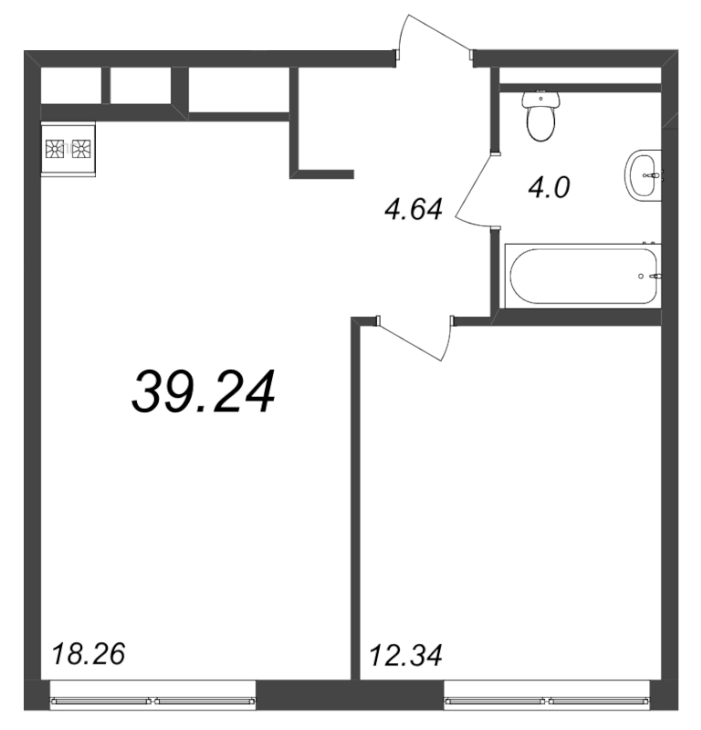 2-комнатная (Евро) квартира, 39.24 м² - планировка, фото №1