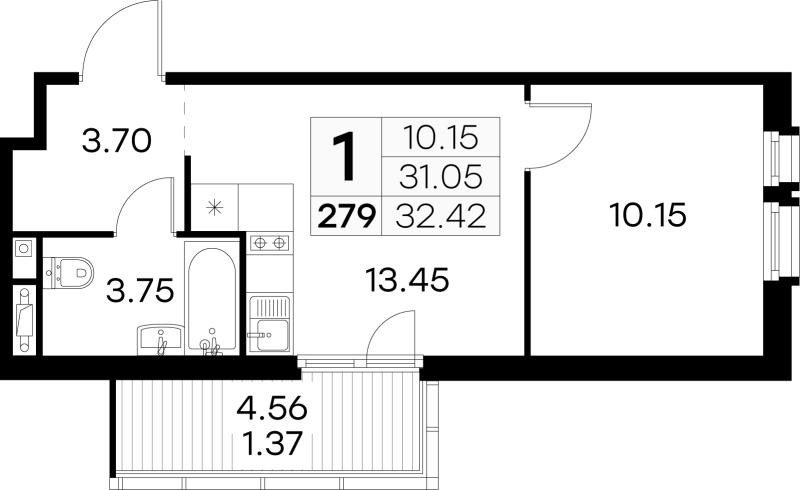 1-комнатная квартира, 32.8 м² в ЖК "Парголово" - планировка, фото №1
