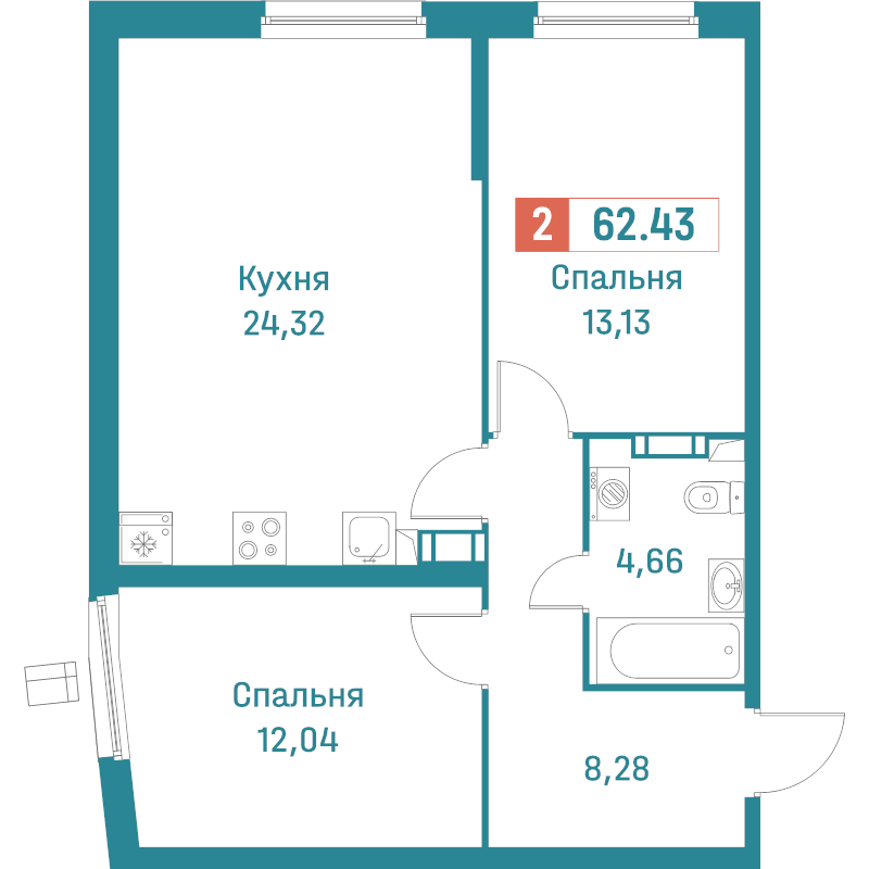 3-комнатная (Евро) квартира, 62.43 м² в ЖК "Графика" - планировка, фото №1