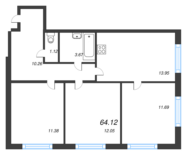 3-комнатная квартира, 64.12 м² - планировка, фото №1