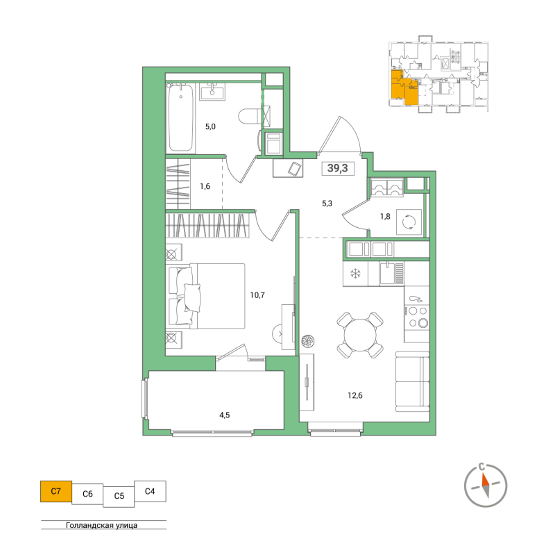 1-комнатная квартира, 39.3 м² в ЖК "Янила Форест" - планировка, фото №1