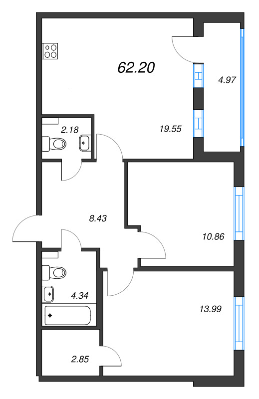 3-комнатная (Евро) квартира, 62.2 м² - планировка, фото №1