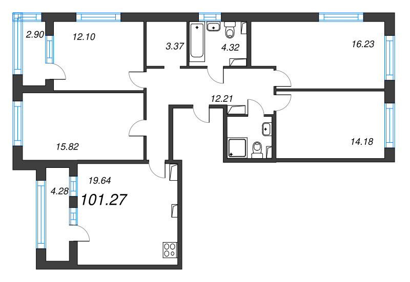 5-комнатная (Евро) квартира, 101.27 м² - планировка, фото №1