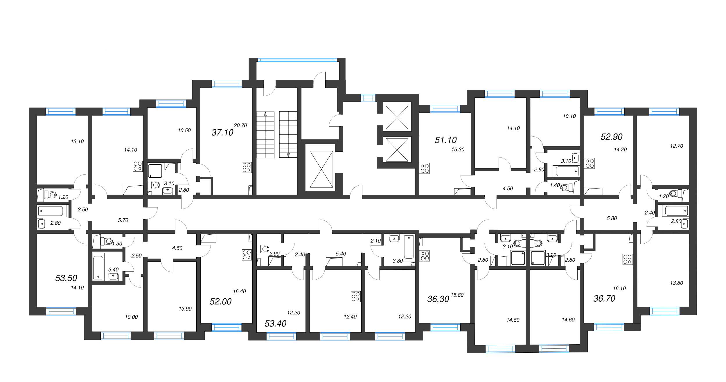 3-комнатная (Евро) квартира, 51.1 м² - планировка этажа