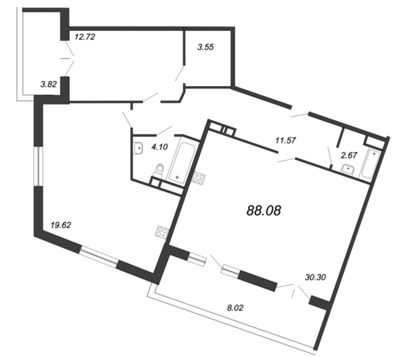 3-комнатная (Евро) квартира, 88.08 м² - планировка, фото №1