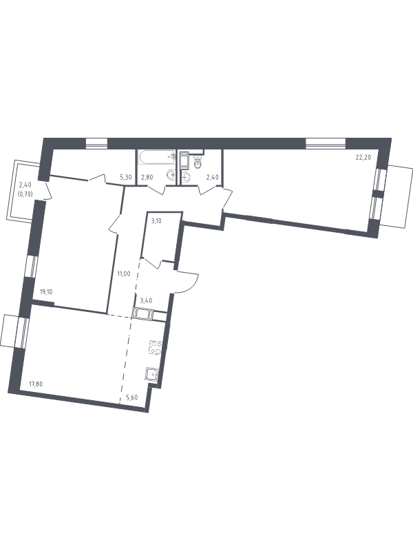 3-комнатная (Евро) квартира, 93.4 м² в ЖК "Курортный Квартал" - планировка, фото №1