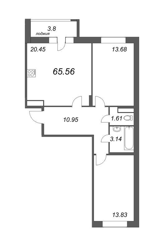 3-комнатная (Евро) квартира, 65.56 м² в ЖК "Modum" - планировка, фото №1