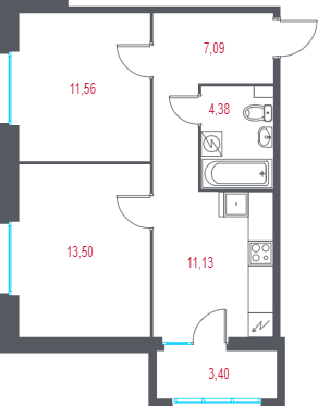 2-комнатная квартира, 48.68 м² в ЖК "Город-спутник Южный" - планировка, фото №1