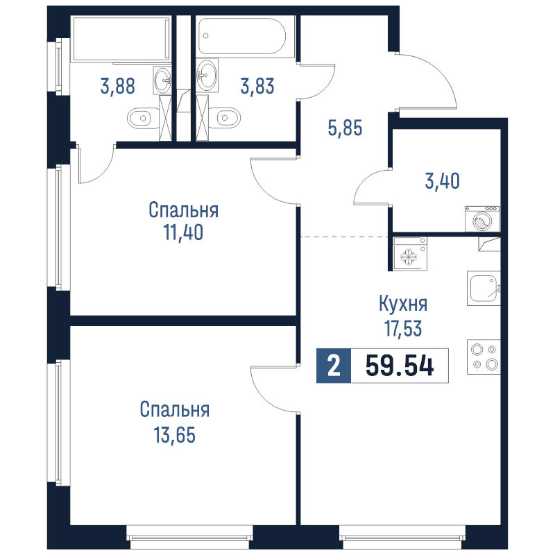3-комнатная (Евро) квартира, 59.54 м² в ЖК "Максималист" - планировка, фото №1