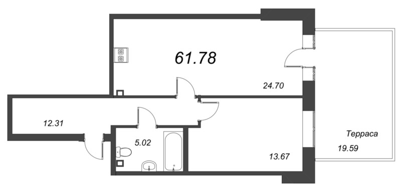 2-комнатная (Евро) квартира, 61.9 м² - планировка, фото №1