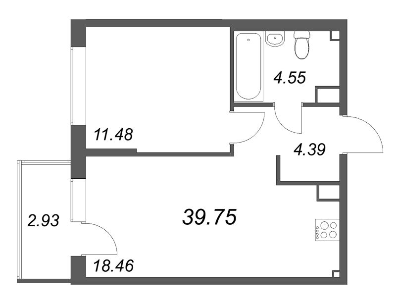 2-комнатная (Евро) квартира, 39.75 м² в ЖК "Охтинские высоты" - планировка, фото №1