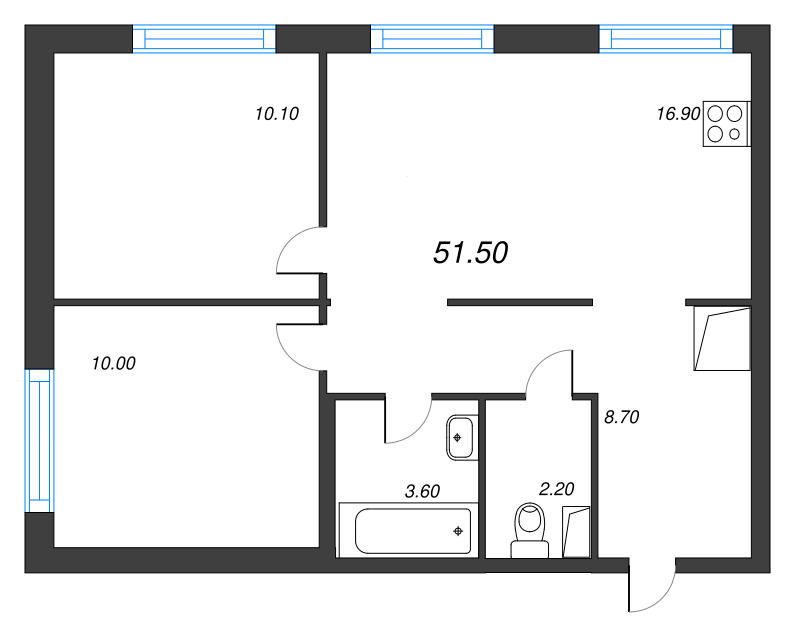 3-комнатная (Евро) квартира, 51.5 м² в ЖК "Струны" - планировка, фото №1
