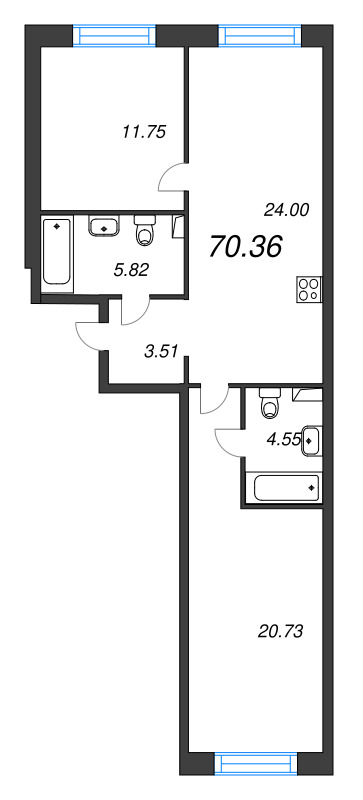 3-комнатная (Евро) квартира, 70.36 м² в ЖК "Остров Первых" - планировка, фото №1
