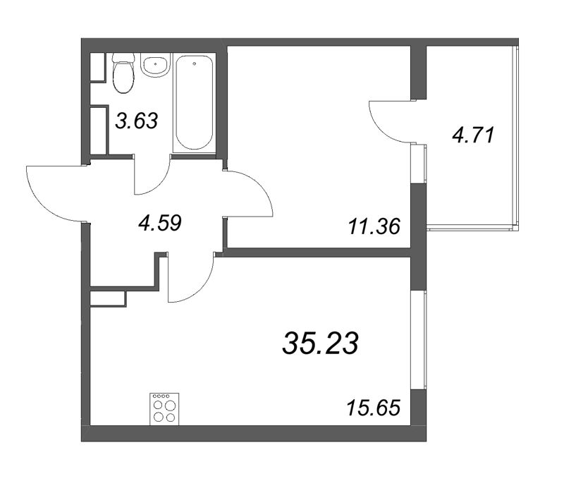 2-комнатная (Евро) квартира, 35.23 м² - планировка, фото №1