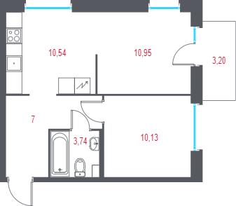 2-комнатная квартира, 43.32 м² в ЖК "Город-спутник Южный" - планировка, фото №1