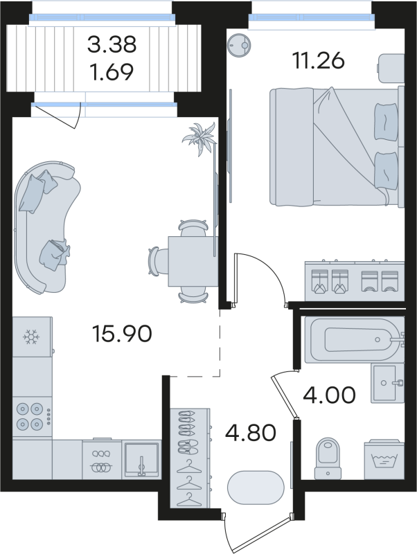 2-комнатная (Евро) квартира, 37.65 м² в ЖК "Парголово" - планировка, фото №1