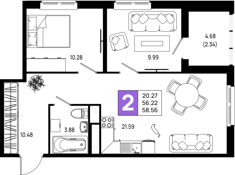 3-комнатная (Евро) квартира, 58.56 м² в ЖК "Имена" - планировка, фото №1