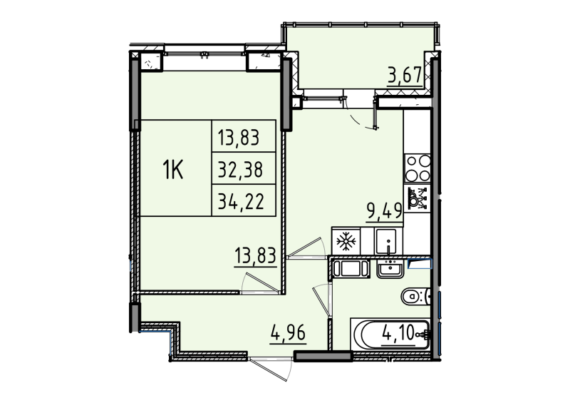 1-комнатная квартира, 34.22 м² - планировка, фото №1