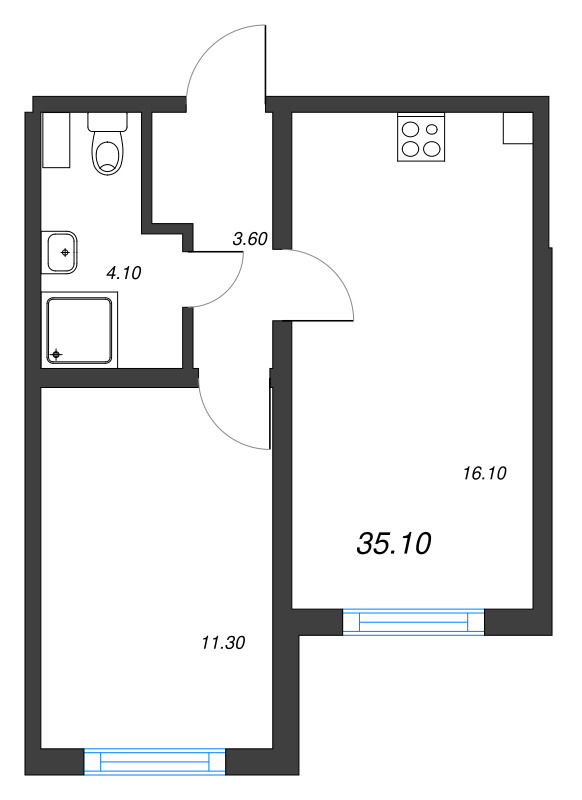 1-комнатная квартира, 35.1 м² в ЖК "Ручьи" - планировка, фото №1