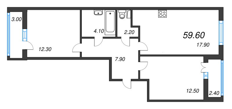 3-комнатная (Евро) квартира, 59.6 м² в ЖК "Аэросити" - планировка, фото №1