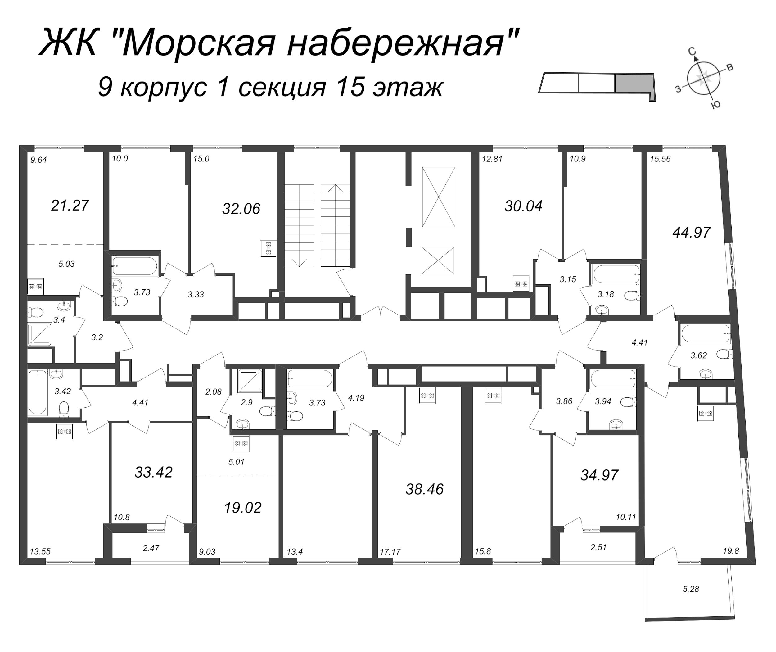 1-комнатная квартира, 33.42 м² - планировка этажа