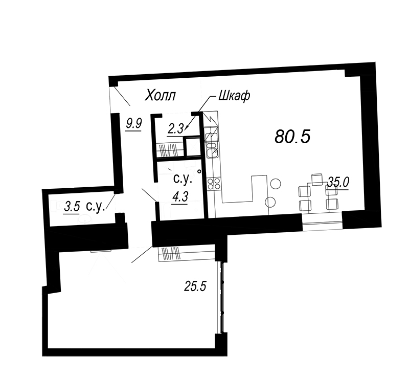 1-комнатная квартира, 80.5 м² - планировка, фото №1