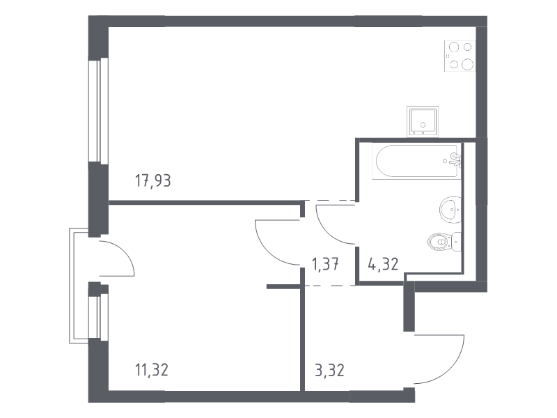 2-комнатная (Евро) квартира, 38.26 м² - планировка, фото №1