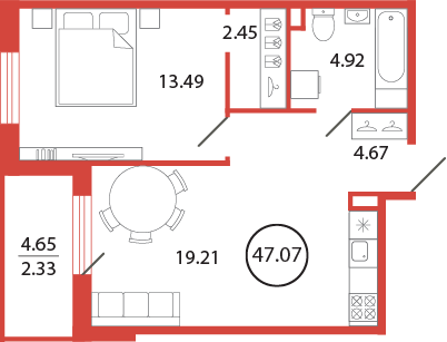 2-комнатная (Евро) квартира, 47.07 м² в ЖК "Энфилд" - планировка, фото №1