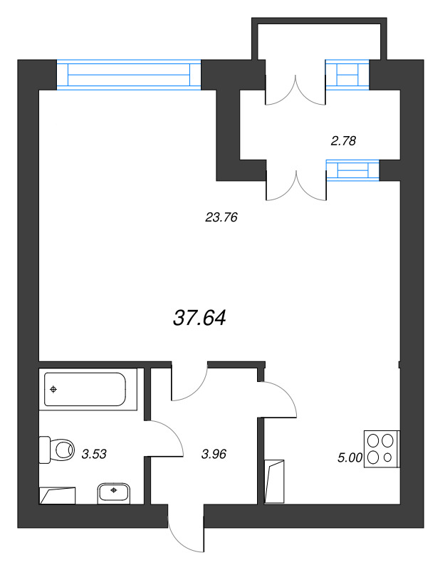 1-комнатная квартира, 37.64 м² - планировка, фото №1