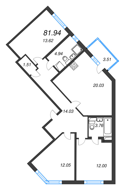 4-комнатная (Евро) квартира, 81.94 м² в ЖК "ЮгТаун" - планировка, фото №1