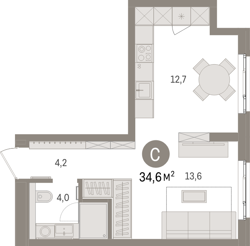 Квартира-студия, 34.6 м² в ЖК "Брусника в Новоселье" - планировка, фото №1