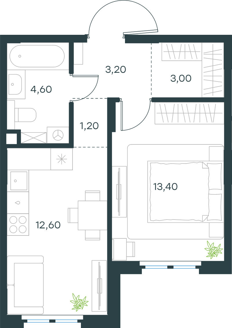 1-комнатная квартира, 38 м² в ЖК "Левел Мечникова" - планировка, фото №1
