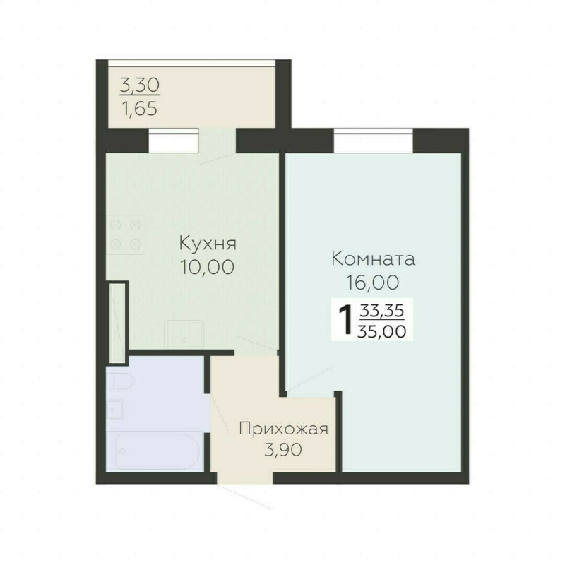 1-комнатная квартира, 35 м² в ЖК "Ленский" - планировка, фото №1